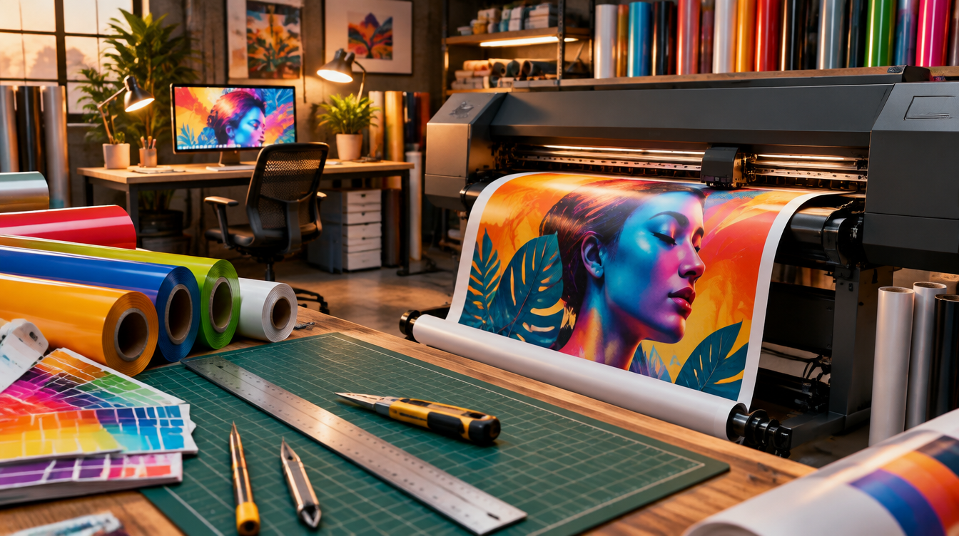 Modern commercial printing shop with large format roll plotter and finishing equipment