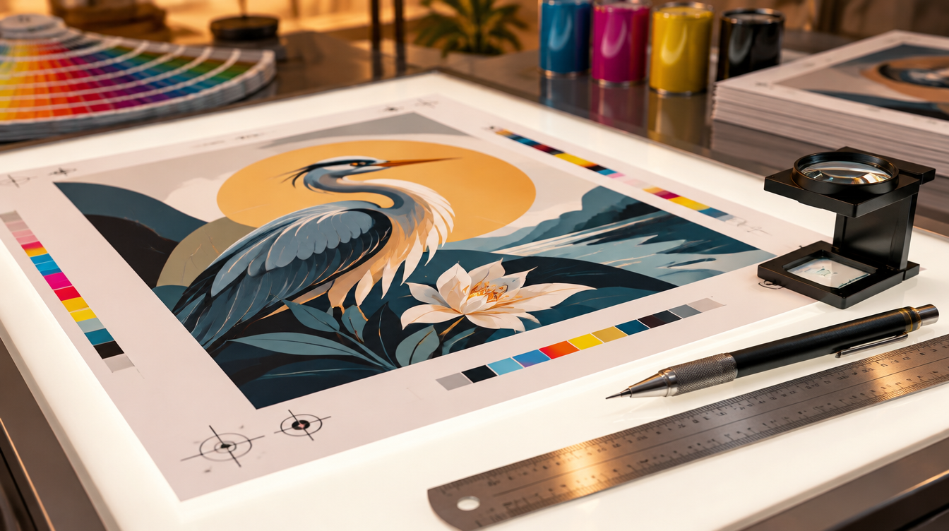 Prepress drafting table with printed PDF proof sheet, crop marks and precision technical tools