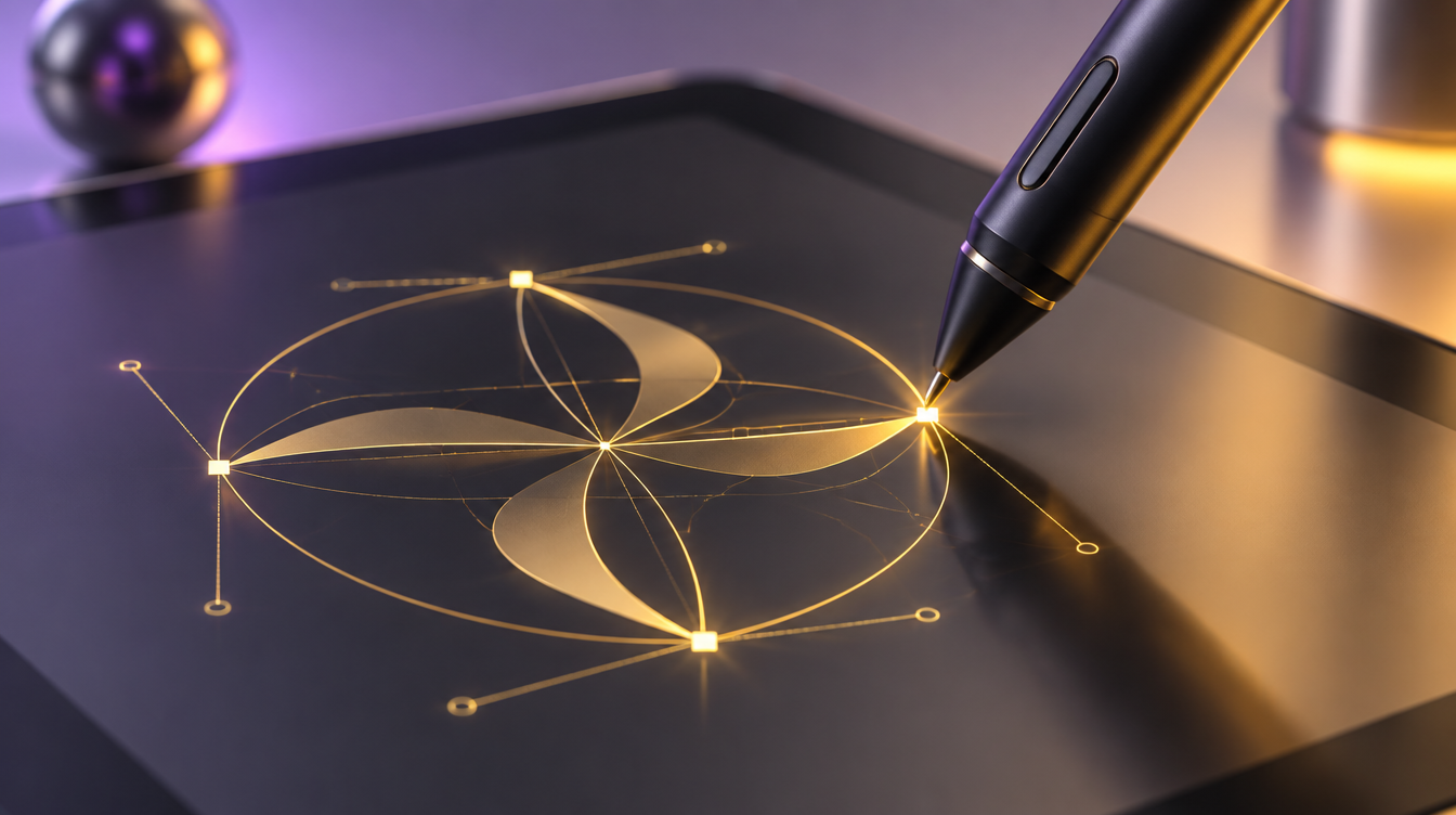 High-precision digital stylus drawing crisp bezier curves and anchor points on graphics tablet