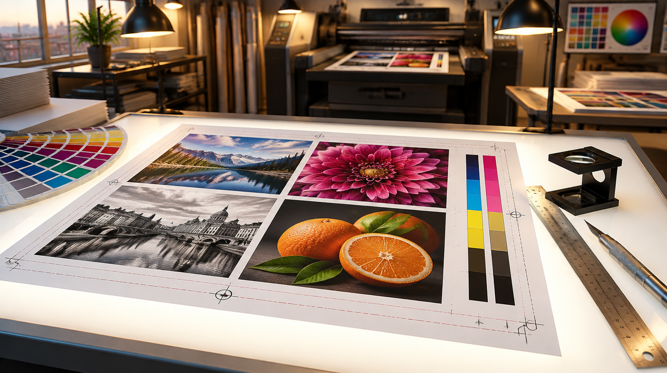 Mesa técnica de luz com prova gráfica de pré-impressão em CMYK, marcas de corte e réguas de precisão