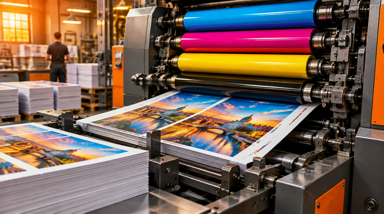 Produção de alta qualidade em prensa offset industrial com cilindros de tinta CMYK e folhas impressas