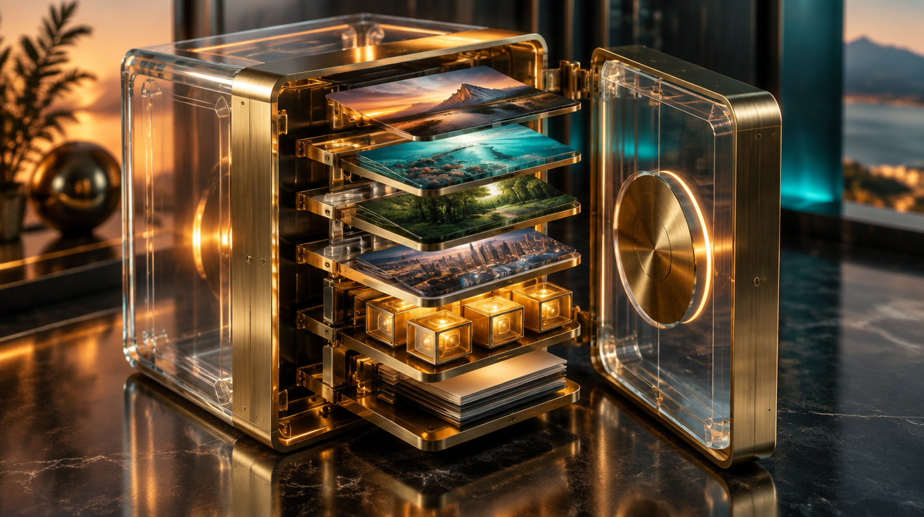 Modular architectural container revealing layered digital components and preserved visual previews