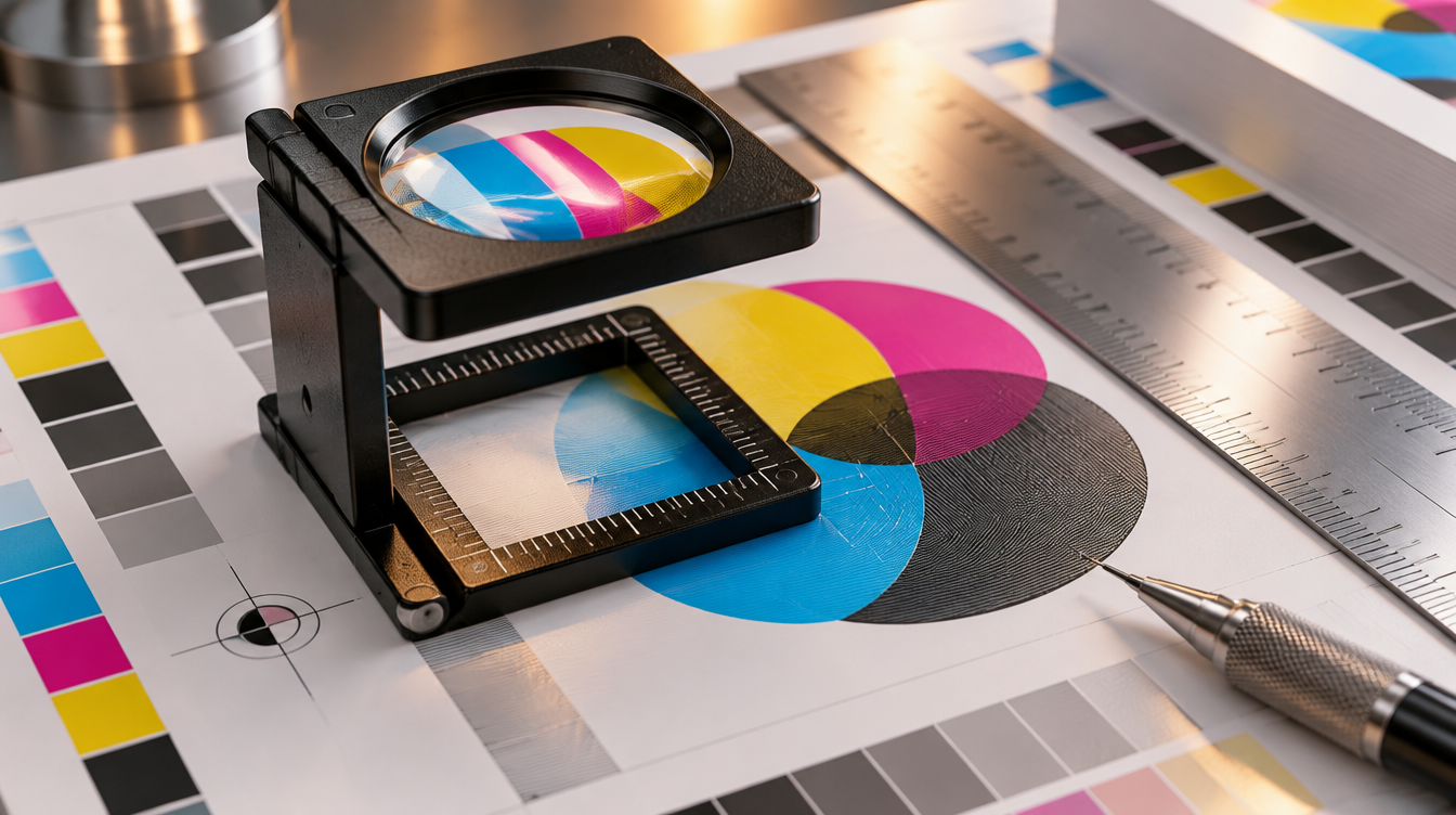 Meticulous prepress quality inspection with optical loupe magnifier over CMYK proof sheet