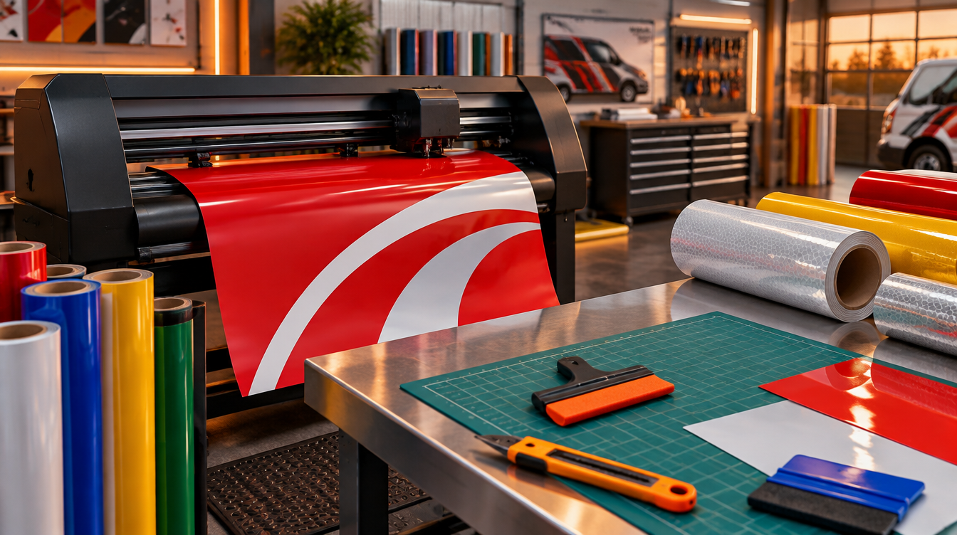 Commercial signage and print shop floor with large-format cutting plotter and vinyl rolls
